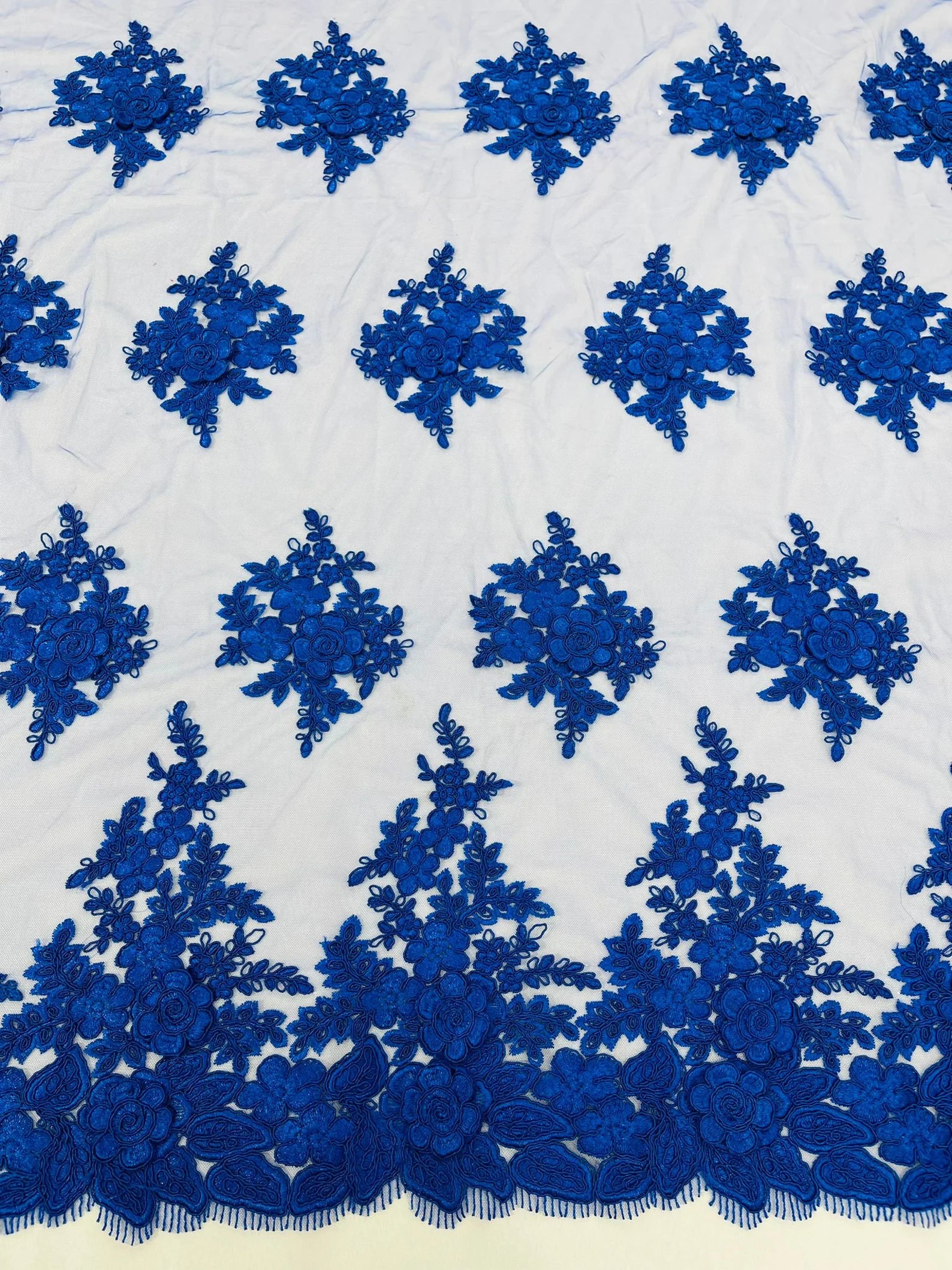 3D - Embroidery Damask Design With Sequins On A Mesh Lace Fabric By Yard. Royal Blue