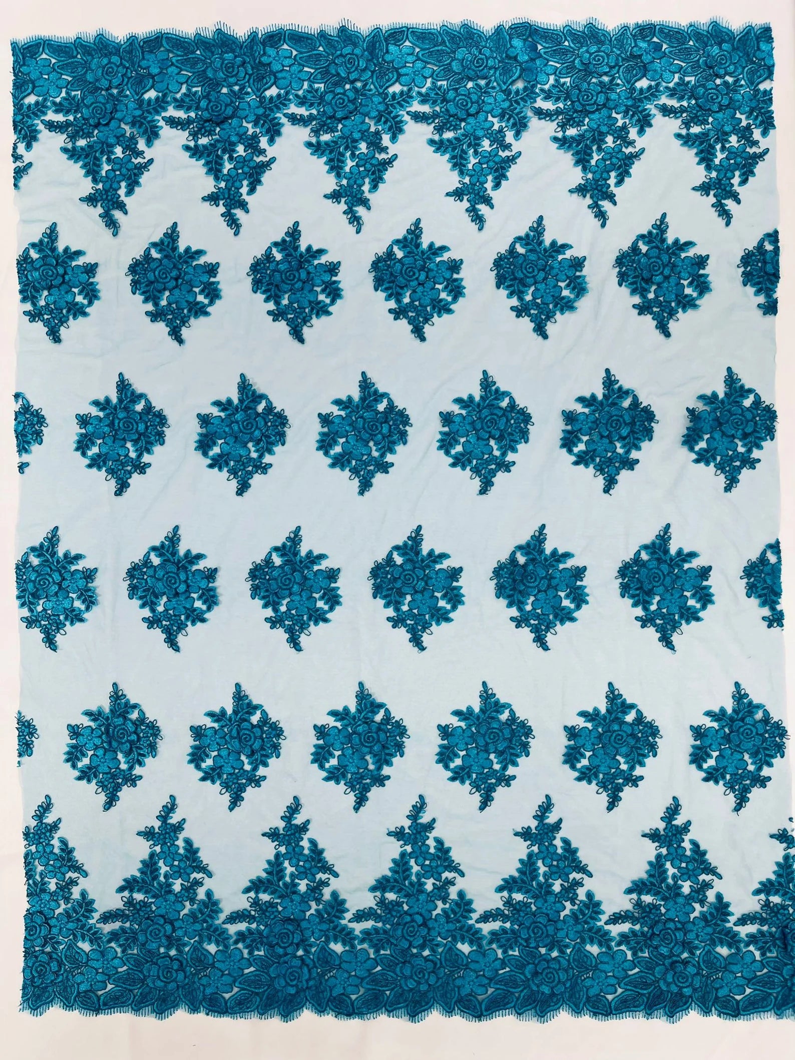 3D - Embroidery Damask Design With Sequins On A Mesh Lace Fabric By Yard. Turquoise