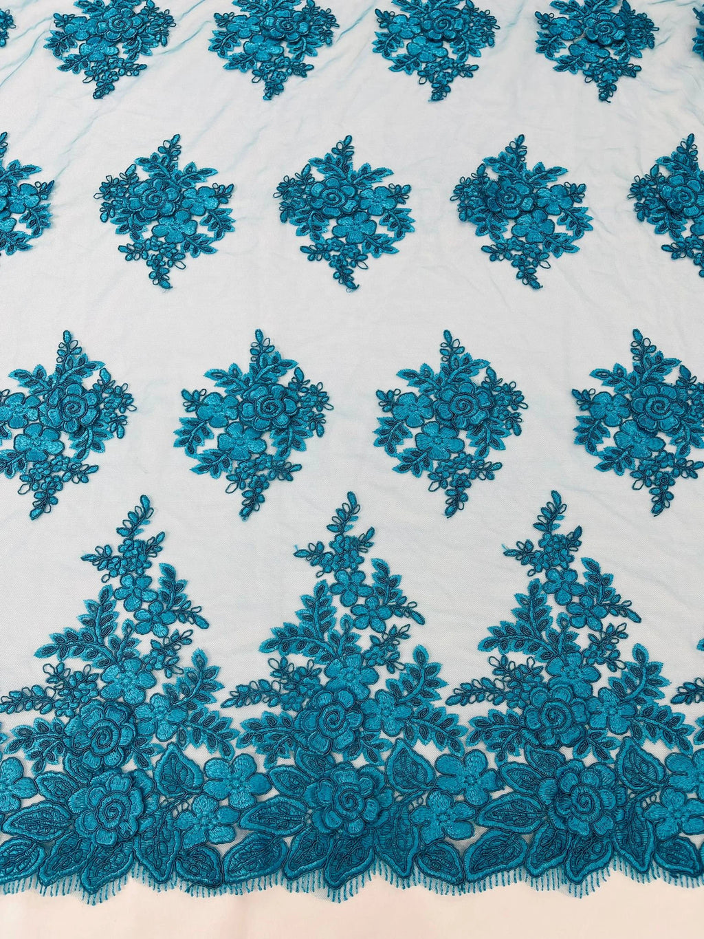 3D - Embroidery Damask Design With Sequins On A Mesh Lace Fabric By Yard. Turquoise