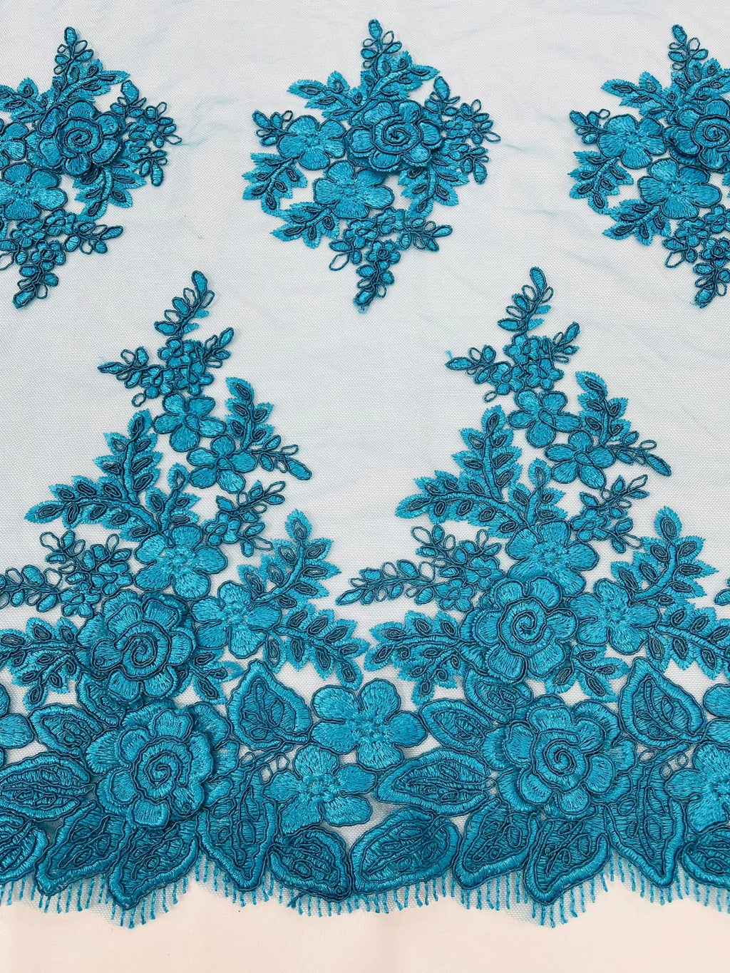 3D - Embroidery Damask Design With Sequins On A Mesh Lace Fabric By Yard. Turquoise