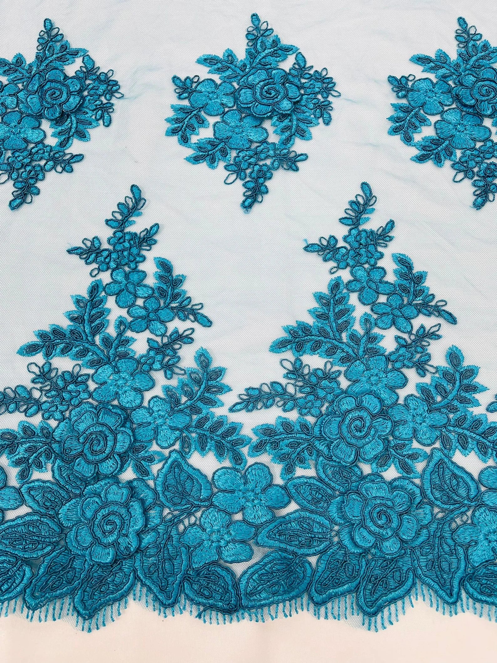 3D - Embroidery Damask Design With Sequins On A Mesh Lace Fabric By Yard. Turquoise