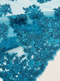 3D - Embroidery Damask Design With Sequins On A Mesh Lace Fabric By Yard. Turquoise