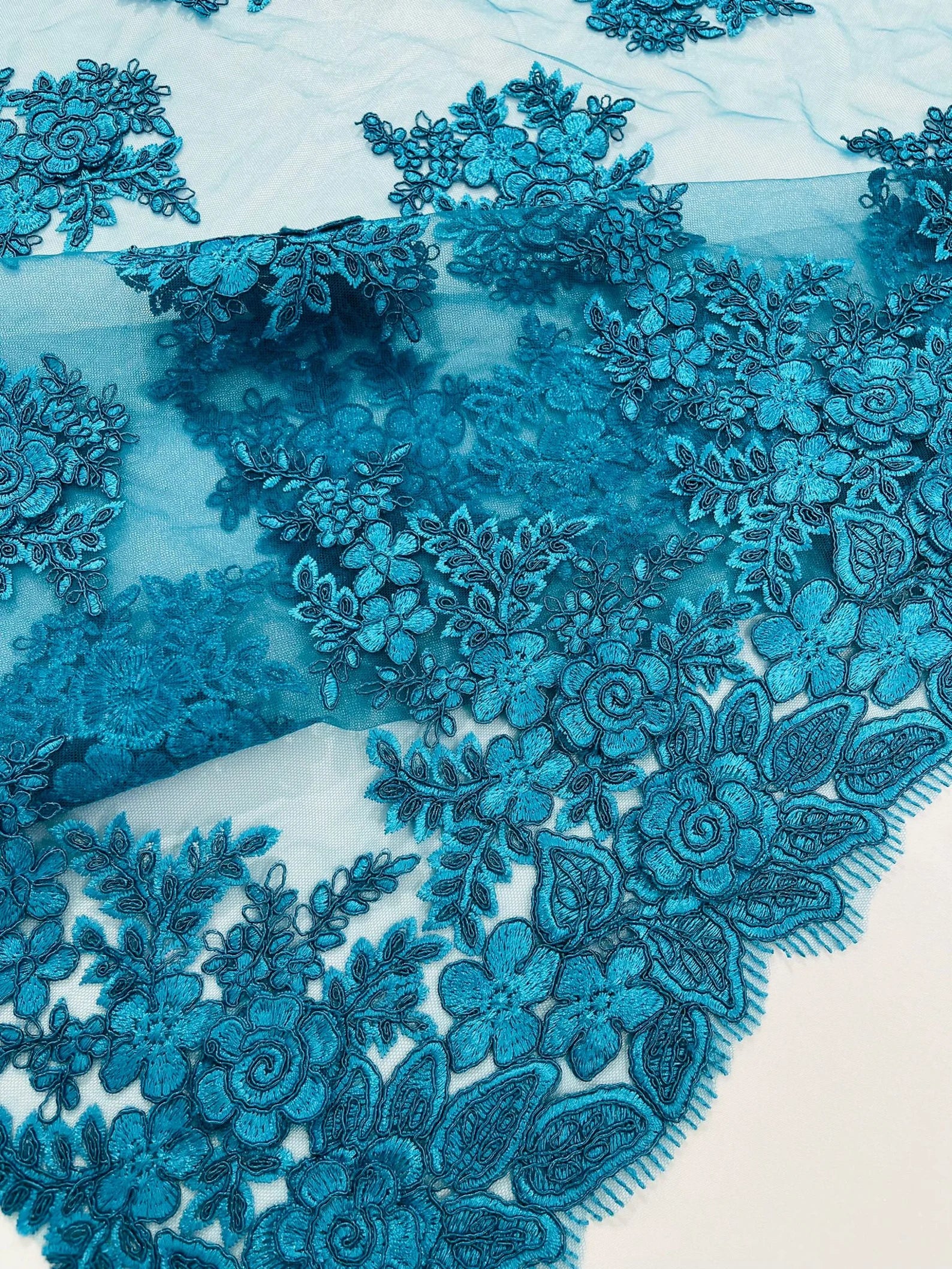 3D - Embroidery Damask Design With Sequins On A Mesh Lace Fabric By Yard. Turquoise