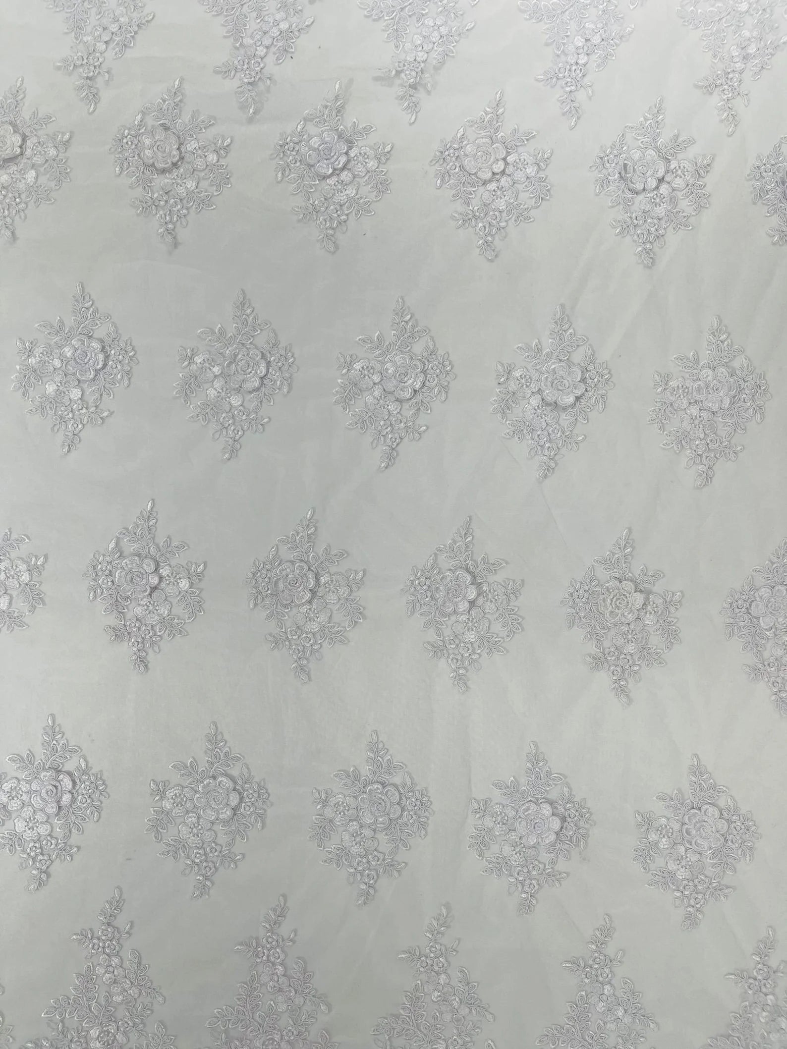 3D - Embroidery Damask Design With Sequins On A Mesh Lace Fabric By Yard. White