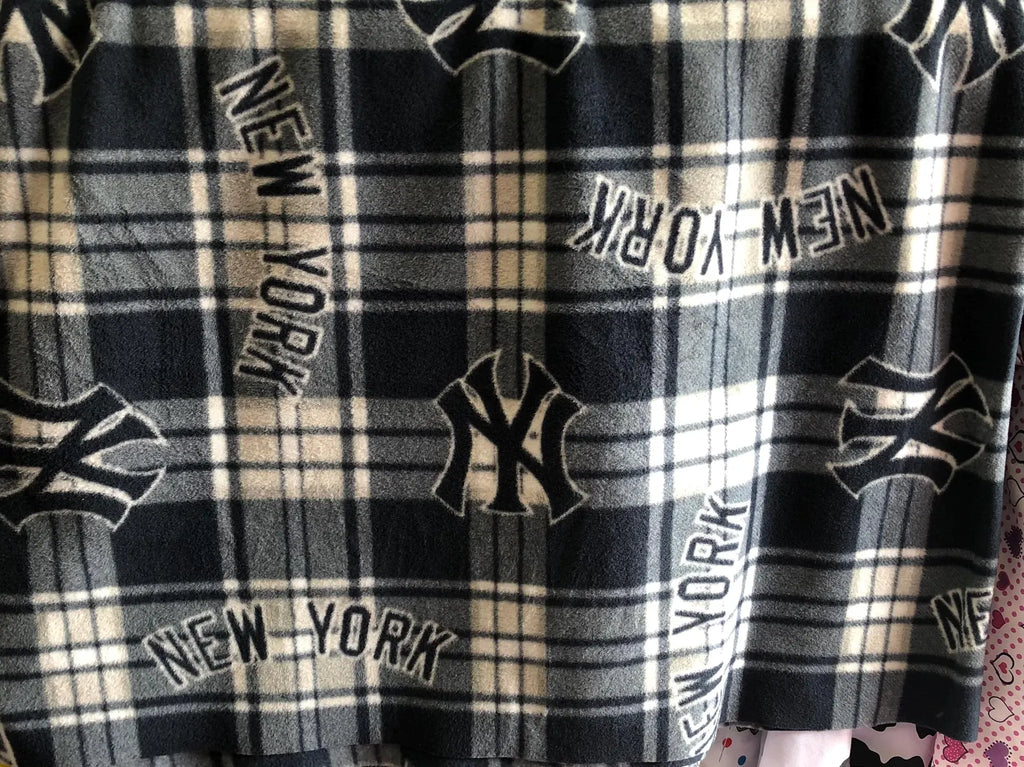 New York Yankees Fleece Fabric by the Yard, MLB Baseball Print Plaid Checkerboard NY Logo, Soft Blanket Fabric, DIY No Sew Throw Material