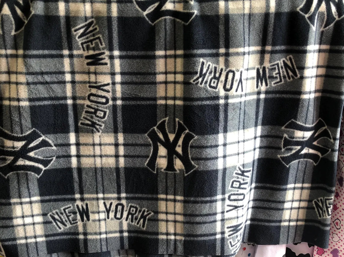 New York Yankees Fleece Fabric by the Yard, MLB Baseball Print Plaid Checkerboard NY Logo, Soft Blanket Fabric, DIY No Sew Throw Material