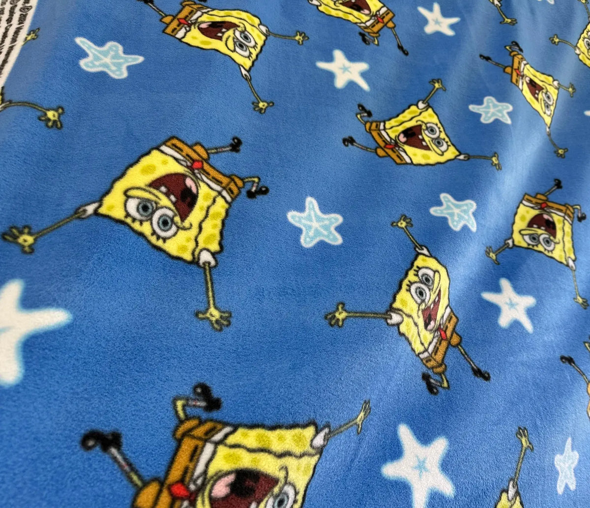 SpongeBob Fleece Fabric by Yard, Blue Cartoon Fabric, Kids Blanket Fabric, Soft Anti Pill Fleece, SpongeBob SquarePants Fabric, DIY Blanket