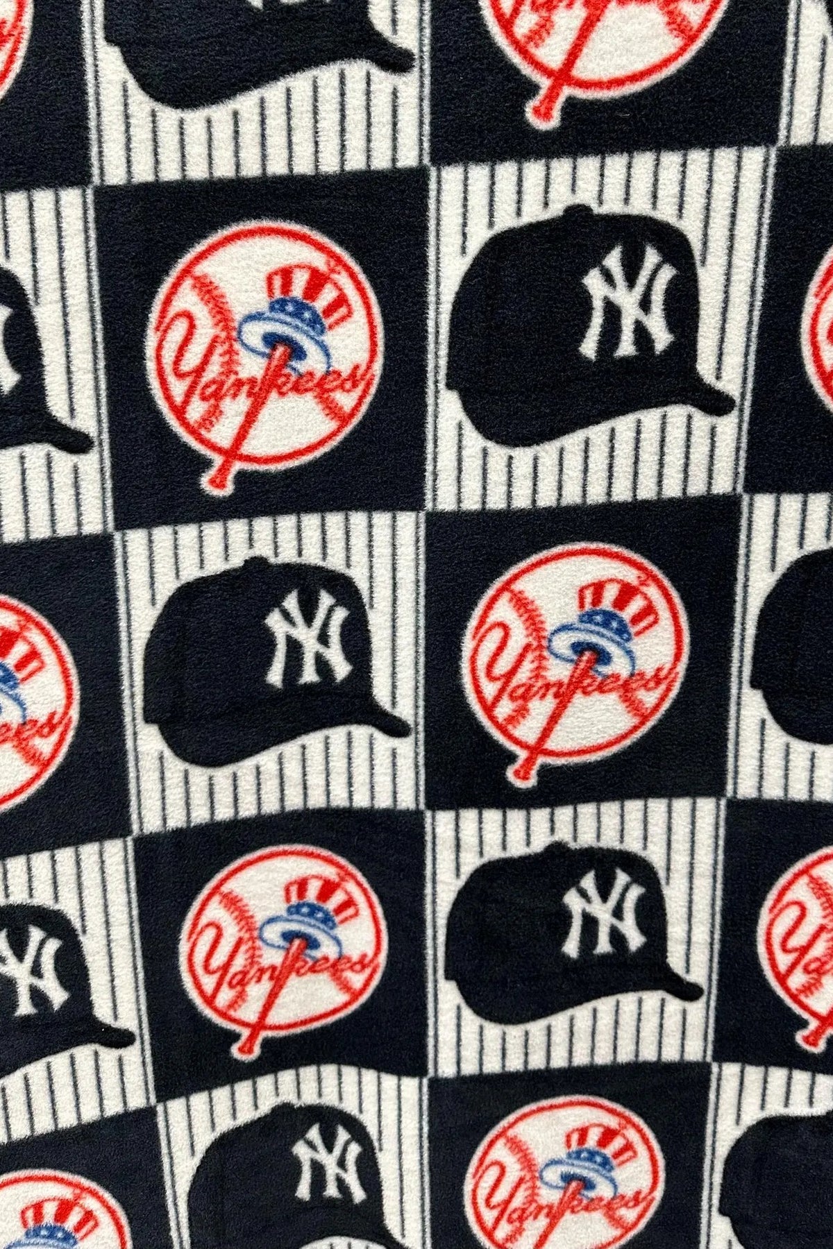 New York Yankees Fleece Fabric by the Yard, MLB Baseball Print Plaid Checkerboard NY Logo, Soft Blanket Fabric, DIY No Sew Throw Material