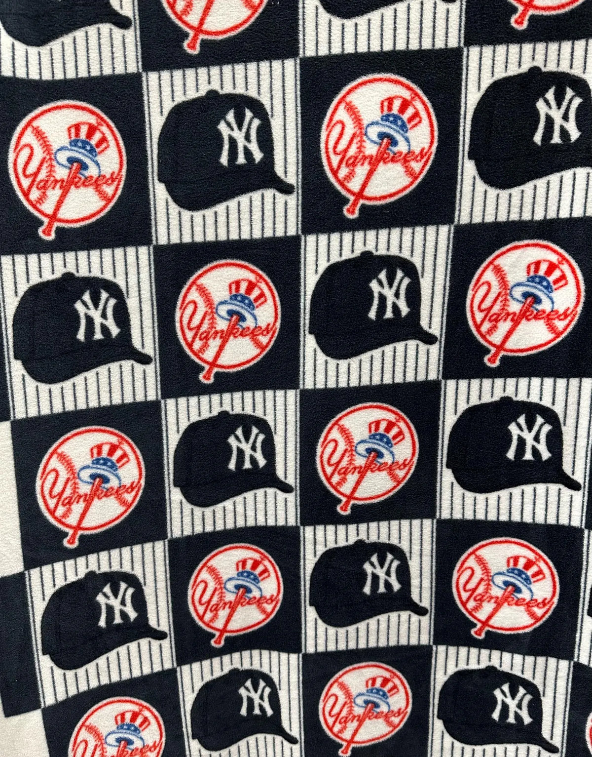 New York Yankees Fleece Fabric by the Yard, MLB Baseball Print Plaid Checkerboard NY Logo, Soft Blanket Fabric, DIY No Sew Throw Material