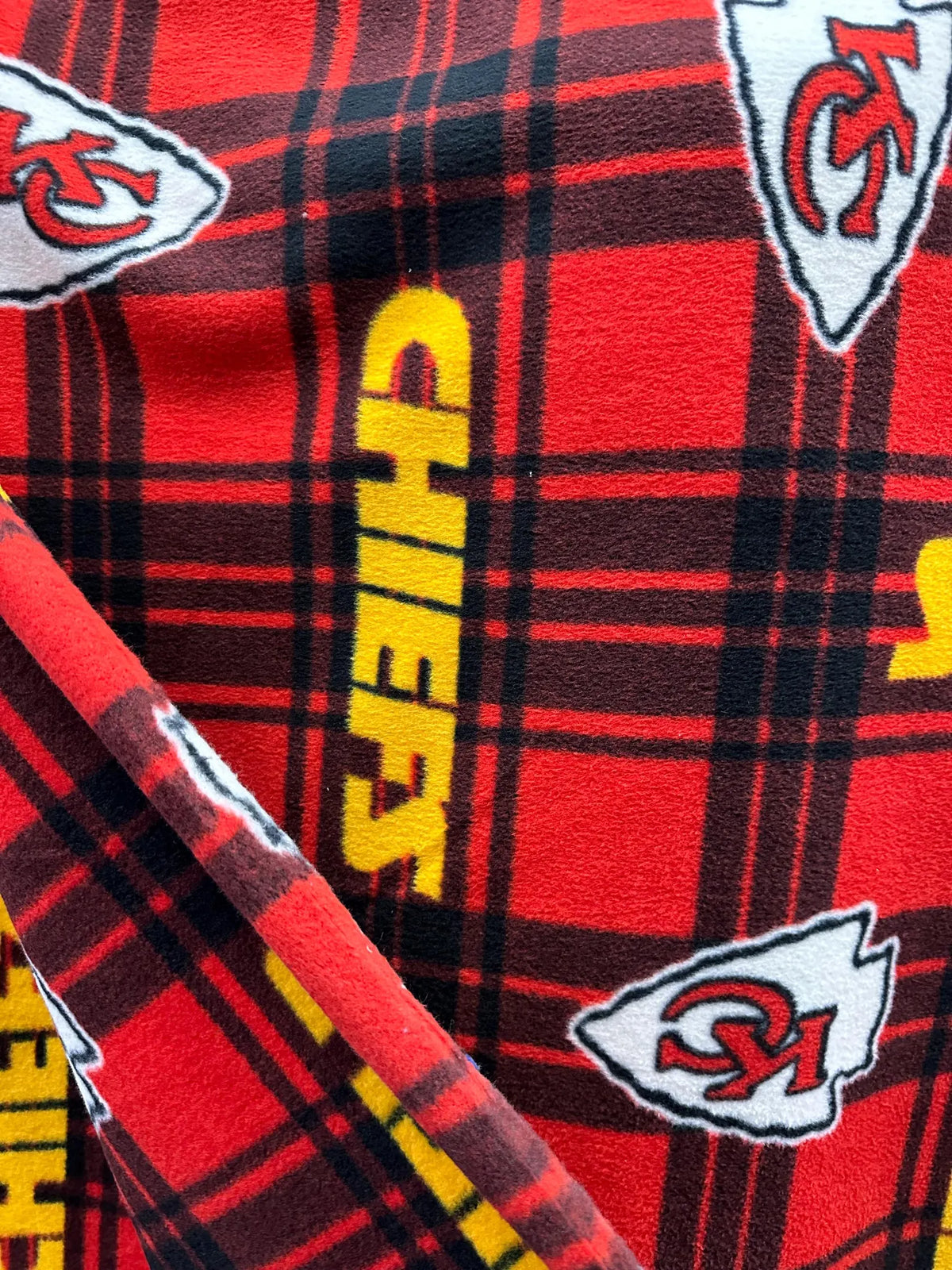 Kansas City Chiefs Fleece Fabric by the Yard, Red Football Helmet or Plaid Print, 58-Inch-Wide Polyester