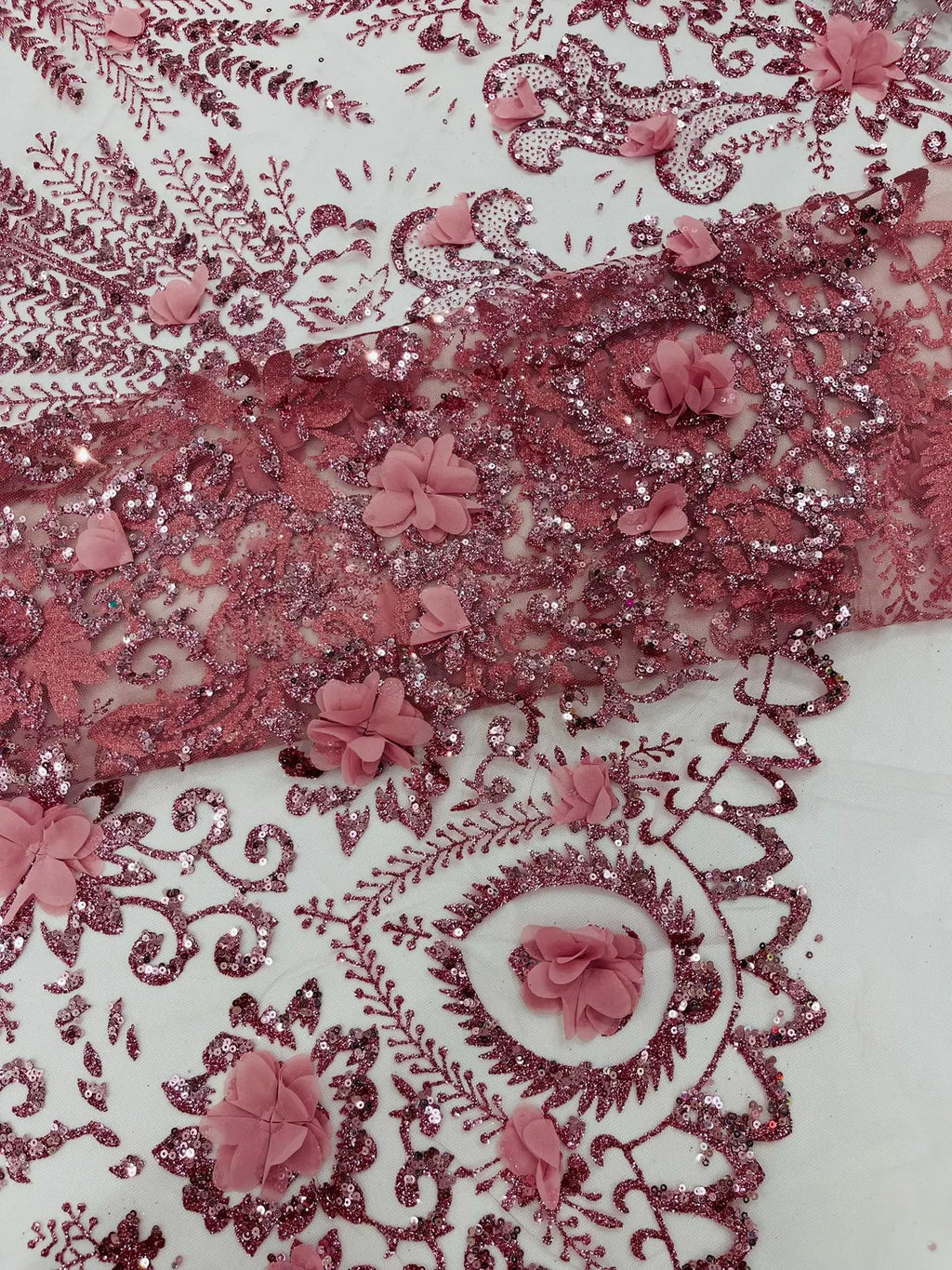 Floral 3D Damask with Glitter Mesh Lace Fabric - Sold By The Yard. Dusty Rose
