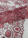 Floral 3D Damask with Glitter Mesh Lace Fabric - Sold By The Yard. Dusty Rose