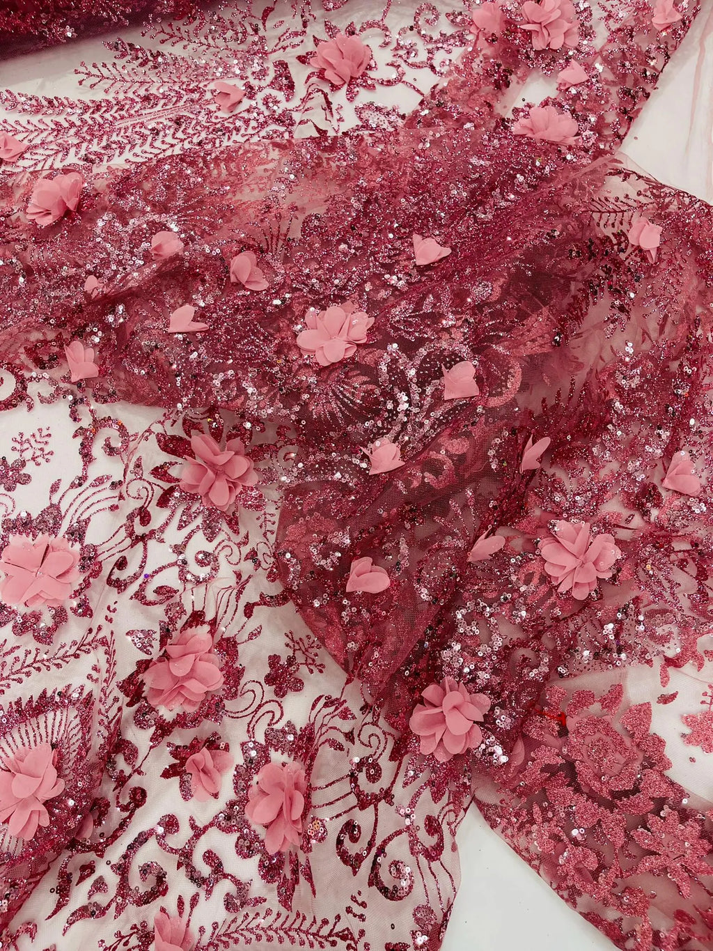 Floral 3D Damask with Glitter Mesh Lace Fabric - Sold By The Yard. Dusty Rose