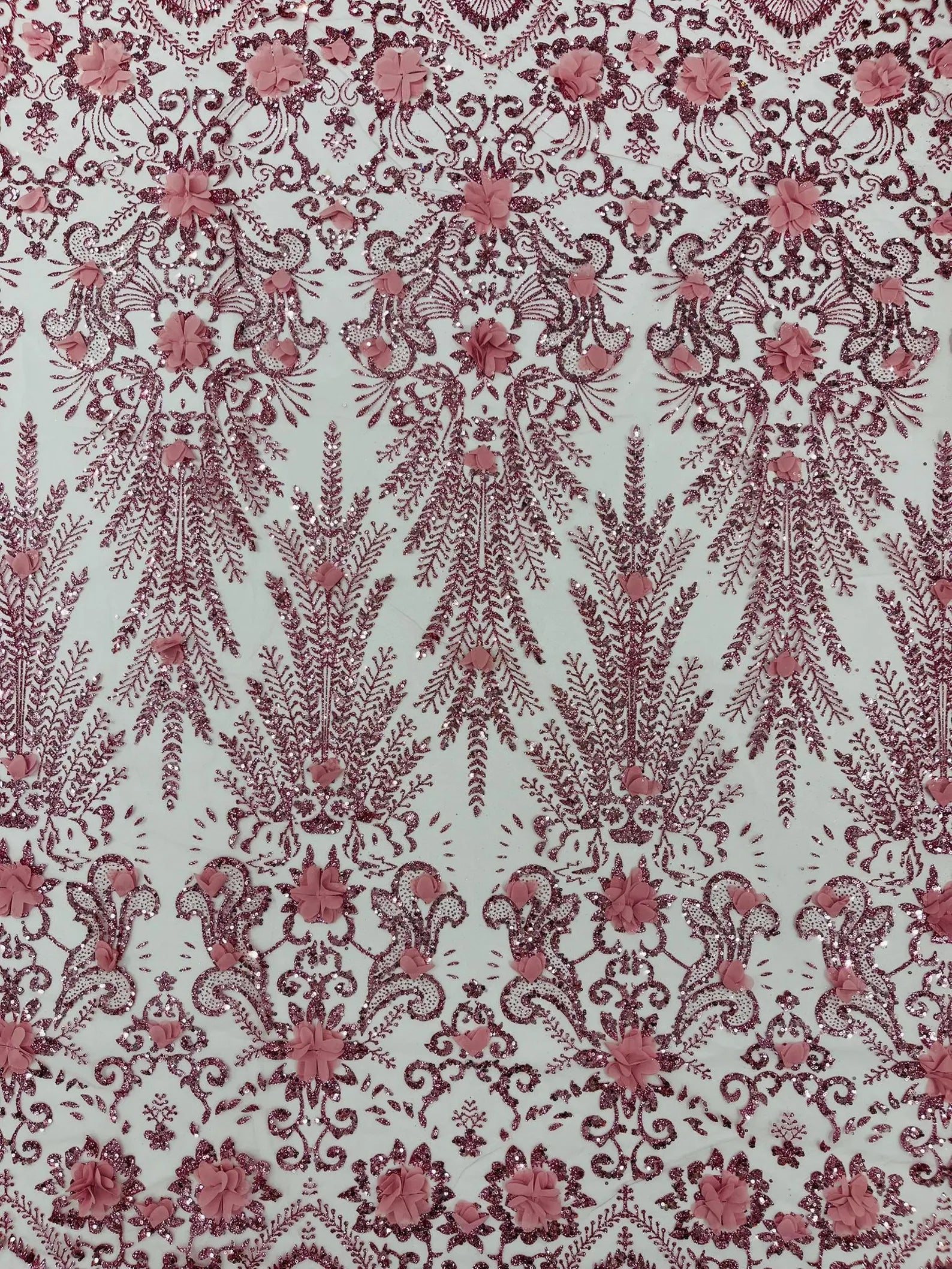 Floral 3D Damask with Glitter Mesh Lace Fabric - Sold By The Yard. Dusty Rose