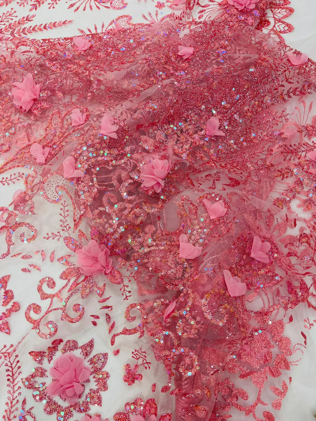 Floral 3D Damask with Glitter Mesh Lace Fabric - Sold By The Yard. Pink