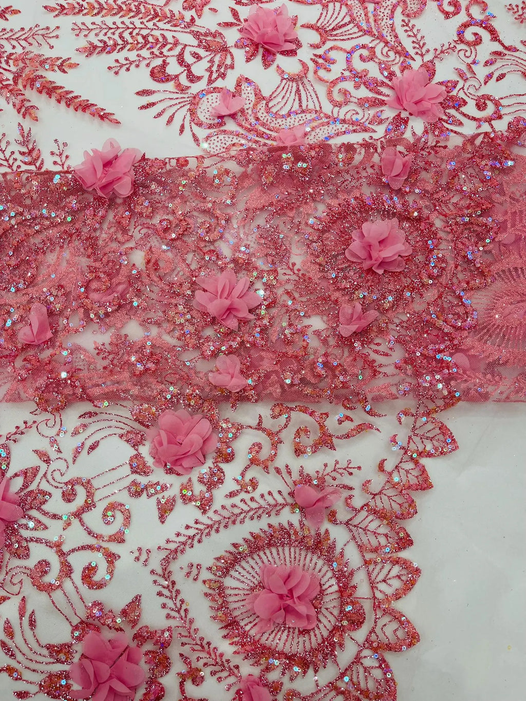 Floral 3D Damask with Glitter Mesh Lace Fabric - Sold By The Yard. Pink