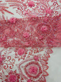 Floral 3D Damask with Glitter Mesh Lace Fabric - Sold By The Yard. Pink