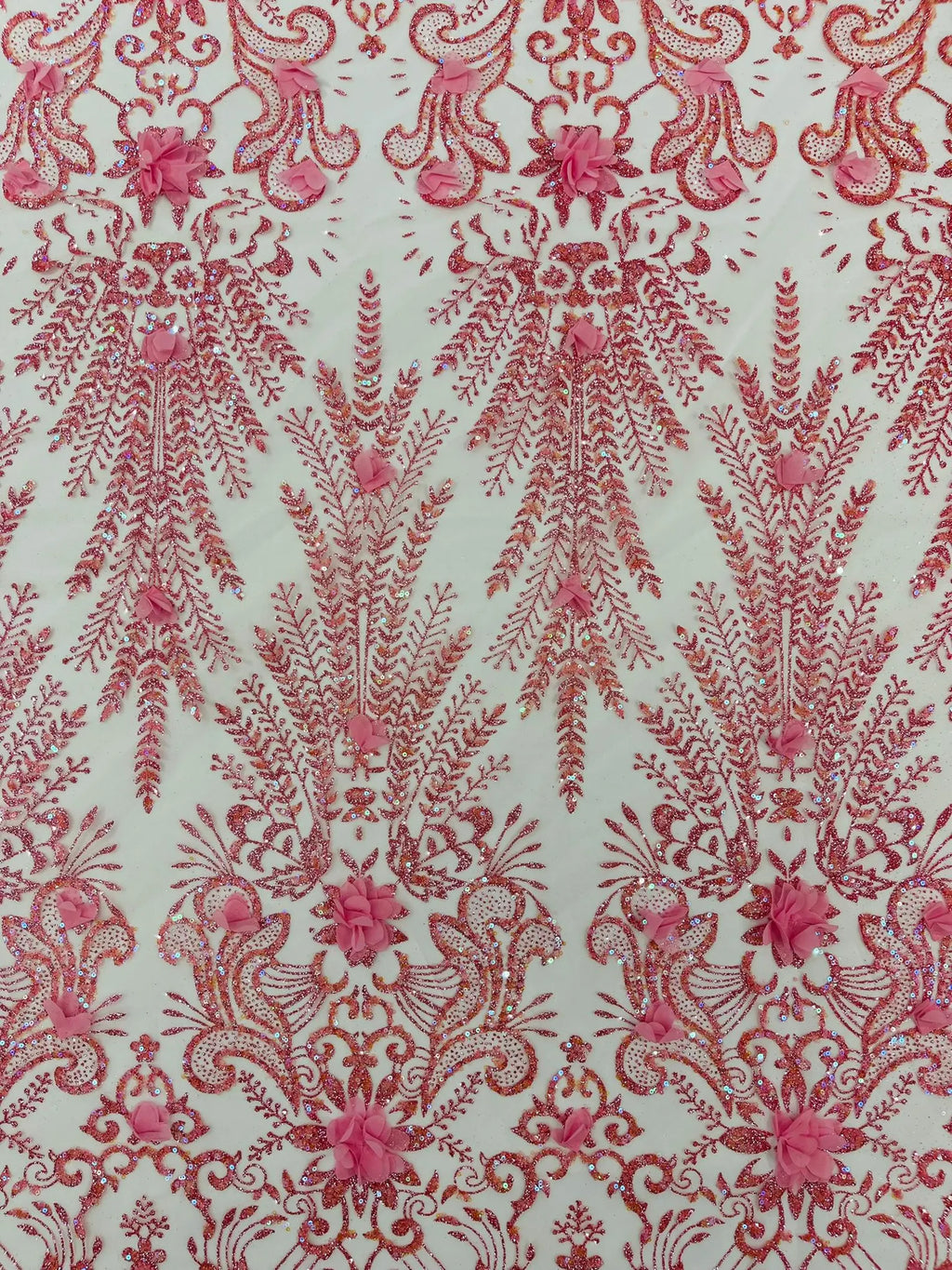 Floral 3D Damask with Glitter Mesh Lace Fabric - Sold By The Yard. Pink