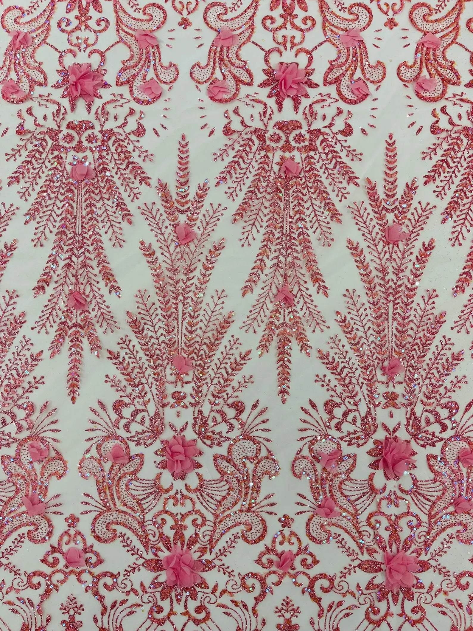 Floral 3D Damask with Glitter Mesh Lace Fabric - Sold By The Yard. Pink