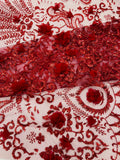 Floral 3D Damask with Glitter Mesh Lace Fabric - Sold By The Yard. Burgundy