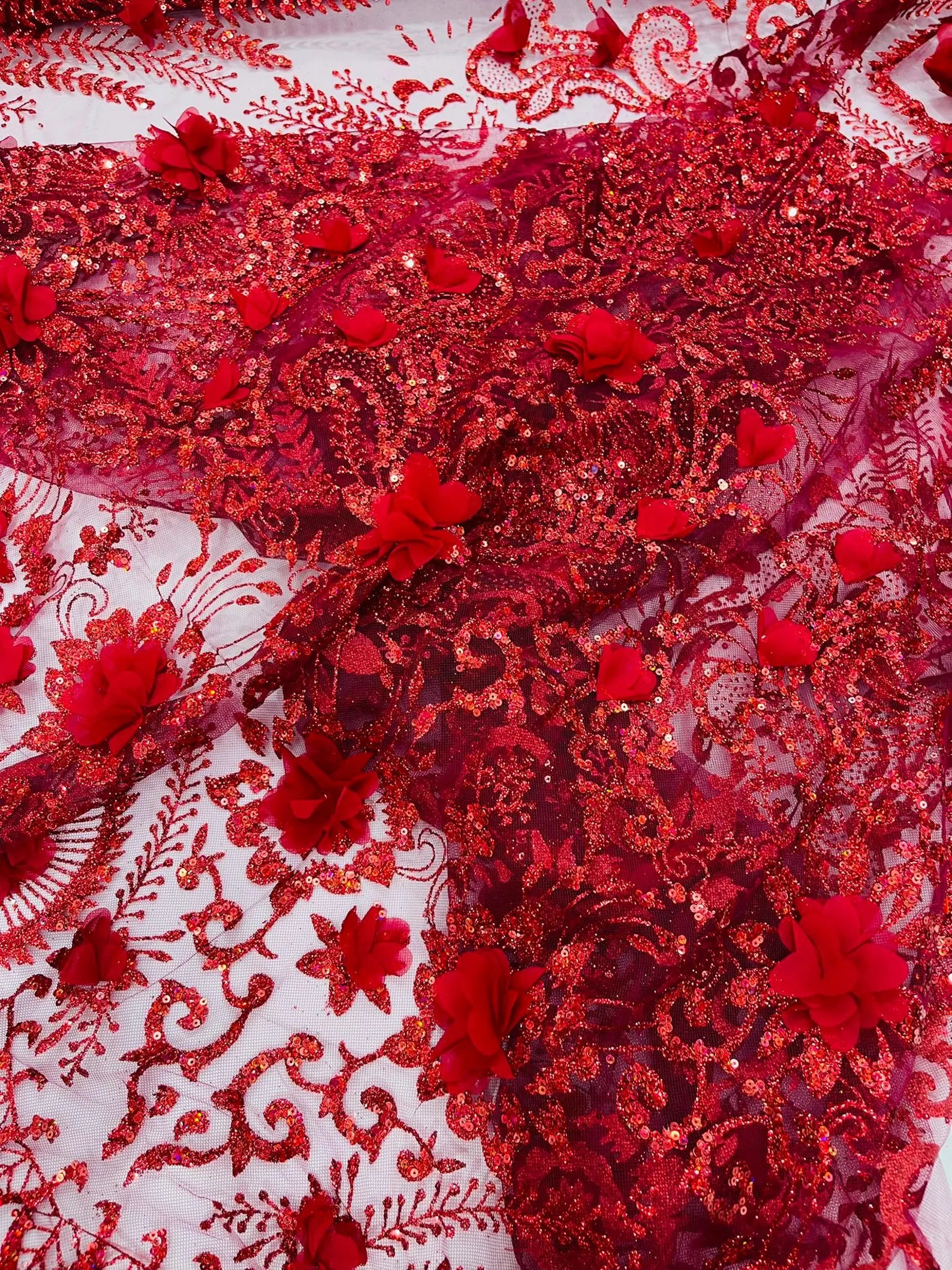 Floral 3D Damask with Glitter Mesh Lace Fabric - Sold By The Yard. Burgundy