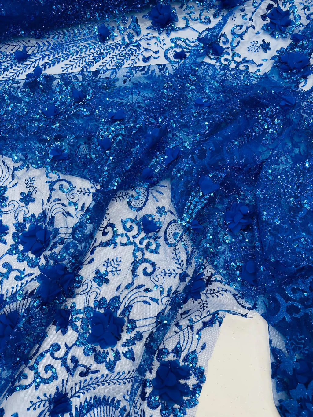 Floral 3D Damask with Glitter Mesh Lace Fabric - Sold By The Yard. Royal Blue