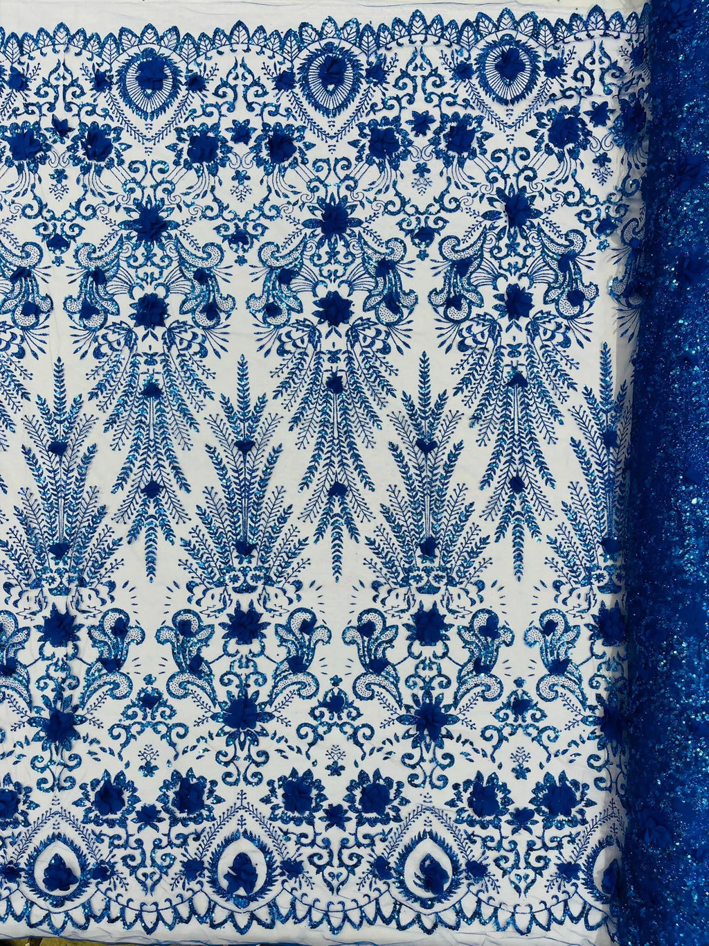Floral 3D Damask with Glitter Mesh Lace Fabric - Sold By The Yard. Royal Blue