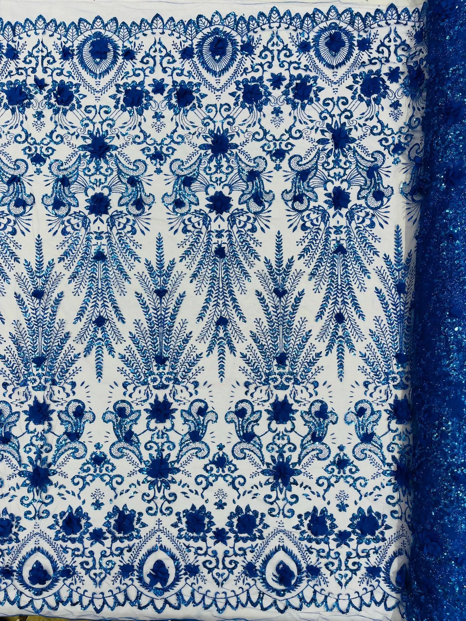 Floral 3D Damask with Glitter Mesh Lace Fabric - Sold By The Yard. Royal Blue