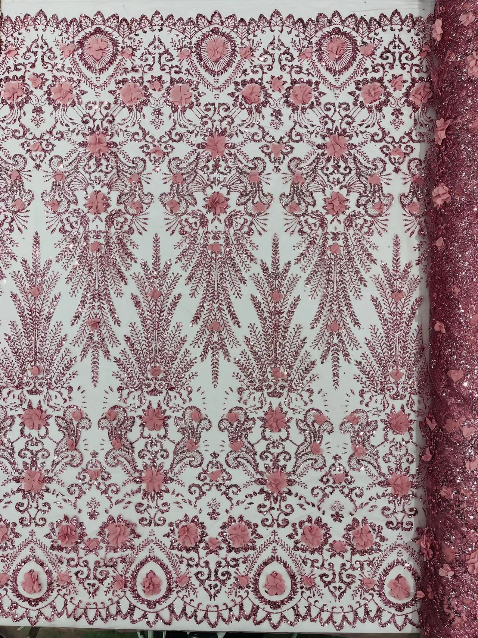 Floral 3D Damask with Glitter Mesh Lace Fabric - Sold By The Yard. Dusty Rose