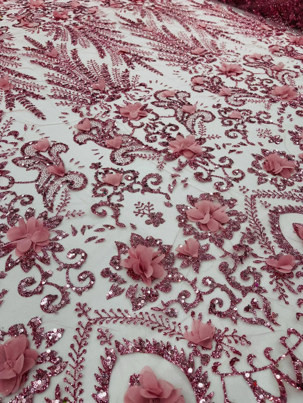 Floral 3D Damask with Glitter Mesh Lace Fabric - Sold By The Yard. Dusty Rose