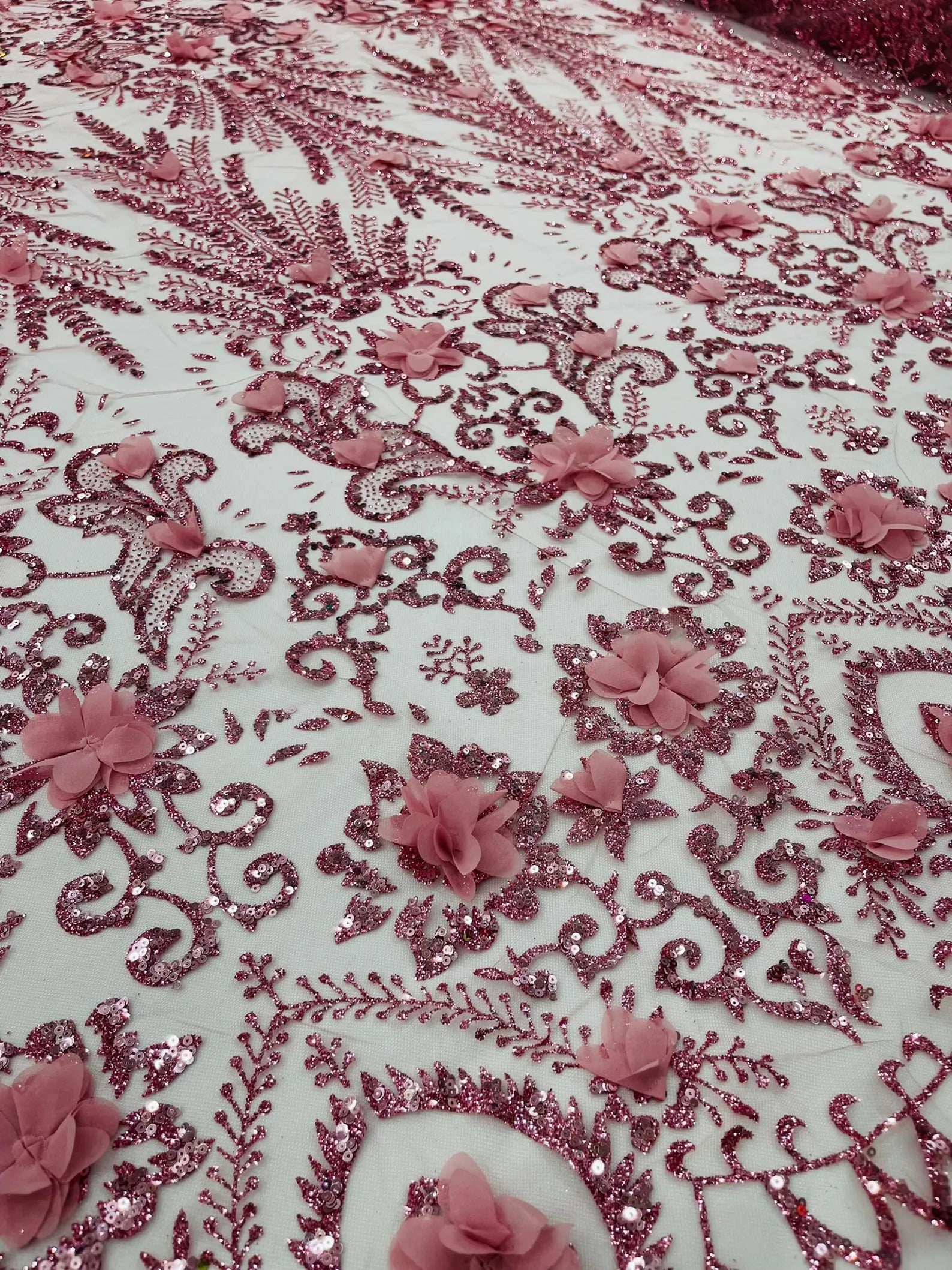 Floral 3D Damask with Glitter Mesh Lace Fabric - Sold By The Yard. Dusty Rose