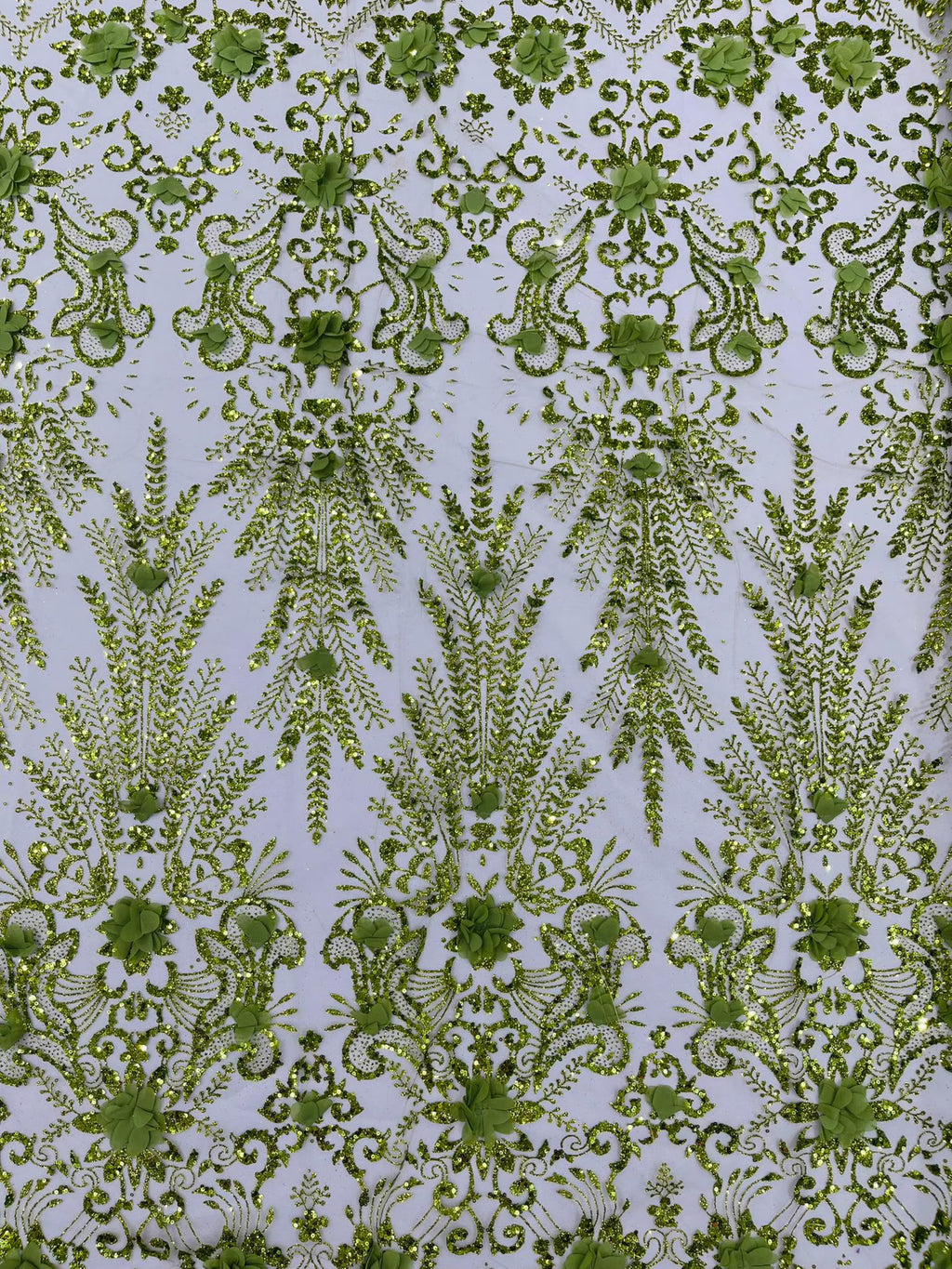Floral 3D Damask with Glitter Mesh Lace Fabric - Sold By The Yard. Olive Green
