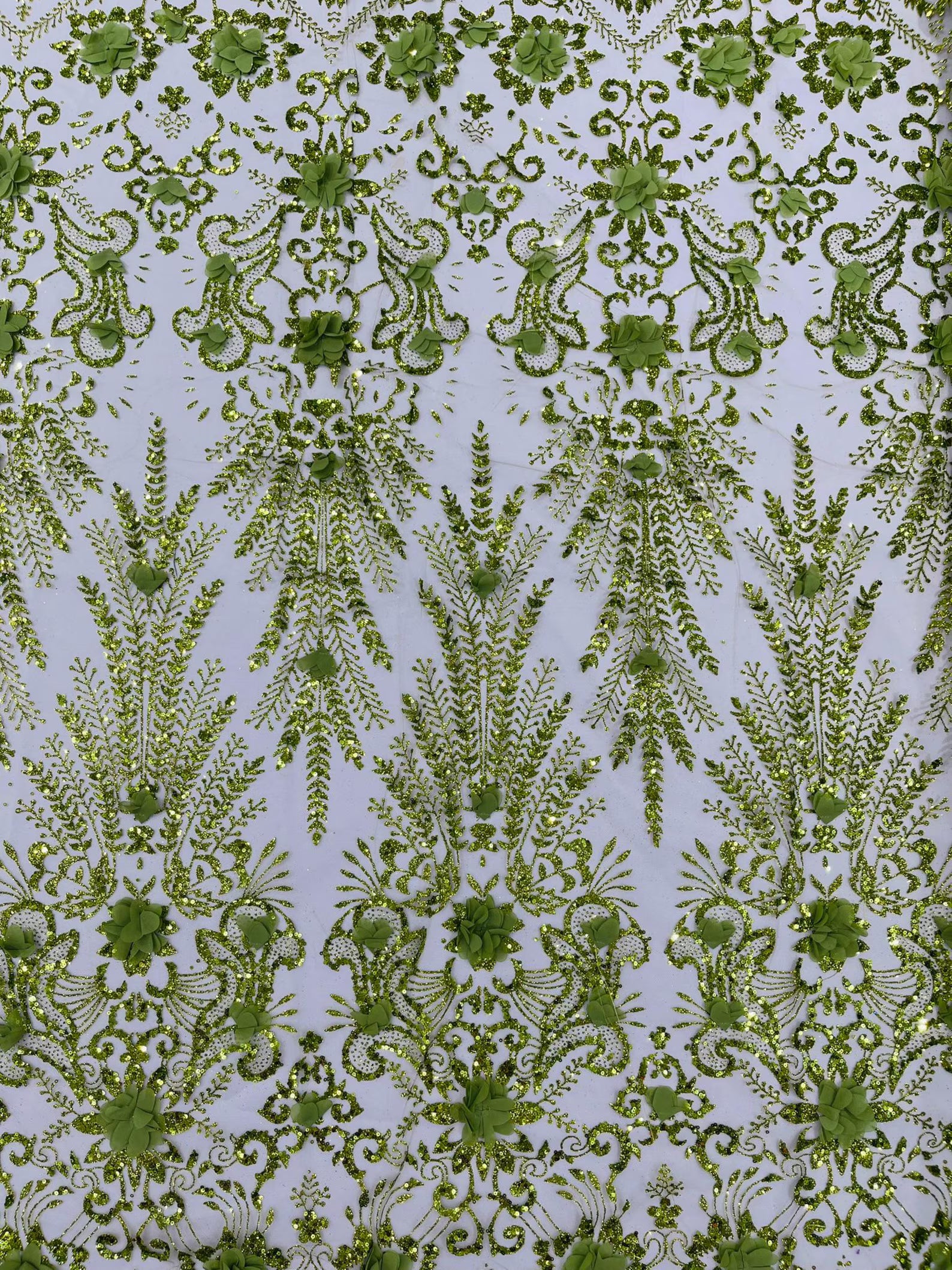 Floral 3D Damask with Glitter Mesh Lace Fabric - Sold By The Yard. Olive Green