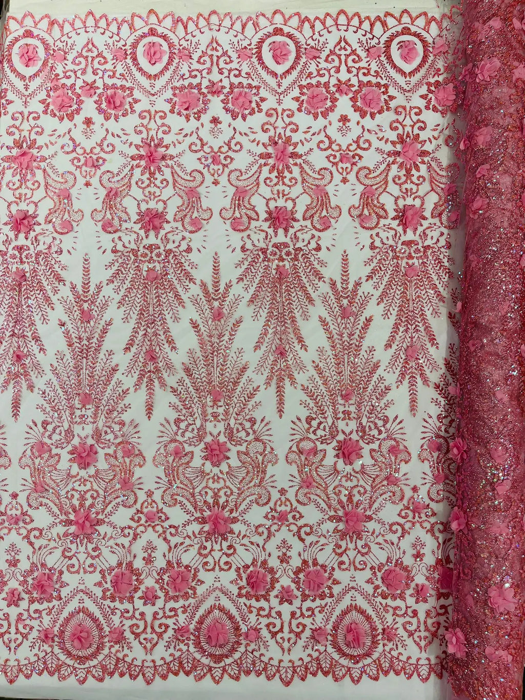 Floral 3D Damask with Glitter Mesh Lace Fabric - Sold By The Yard. Pink