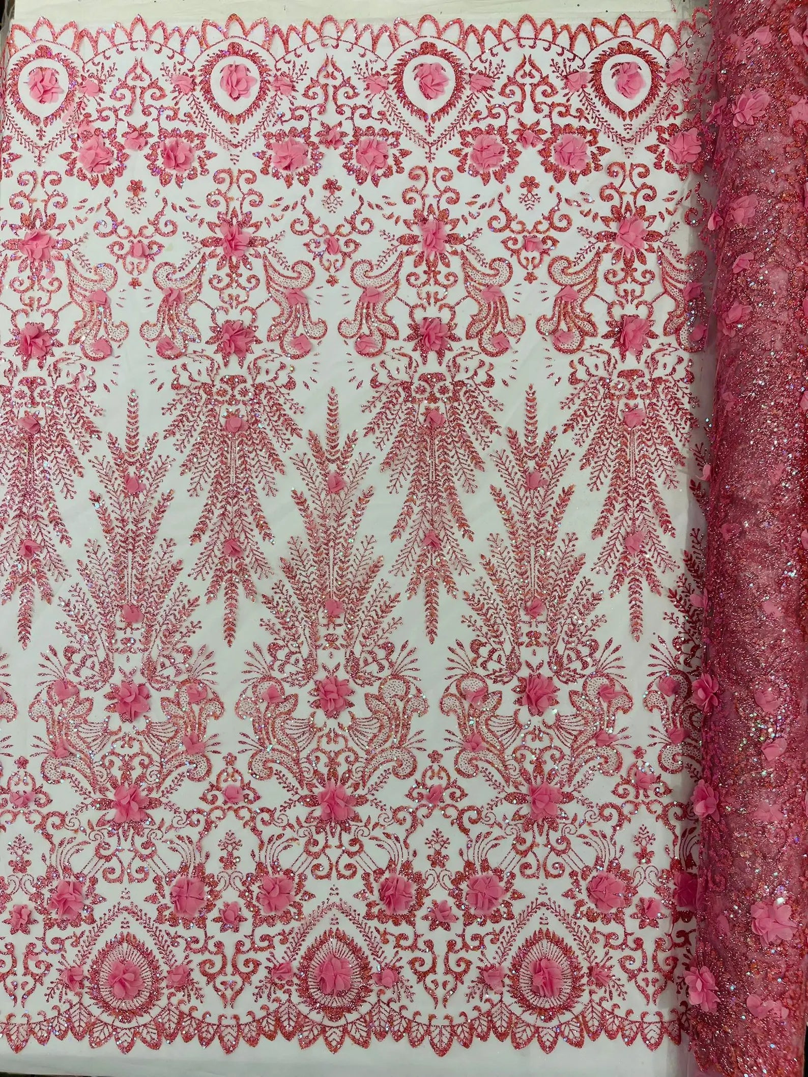 Floral 3D Damask with Glitter Mesh Lace Fabric - Sold By The Yard. Pink