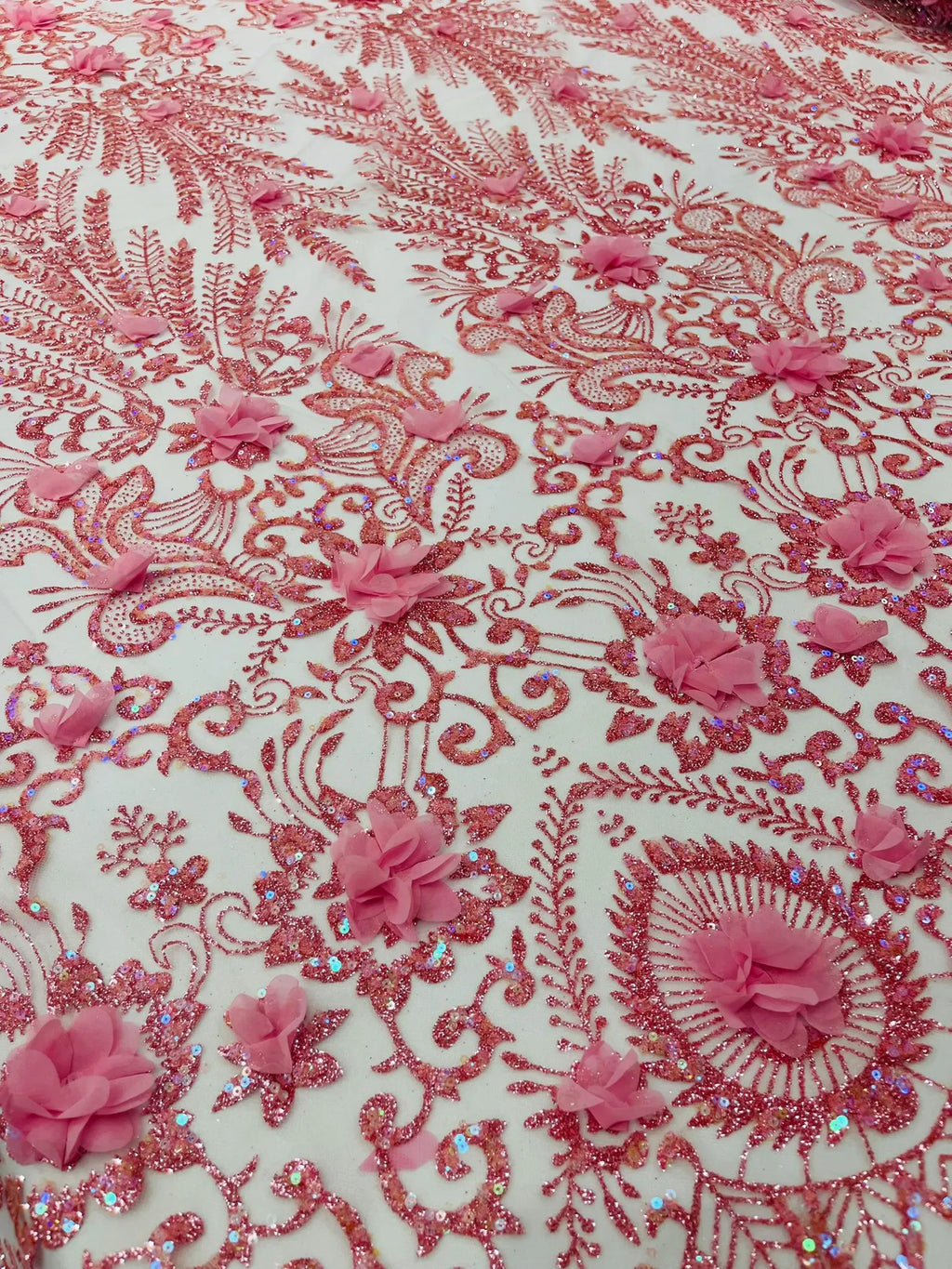 Floral 3D Damask with Glitter Mesh Lace Fabric - Sold By The Yard. Pink