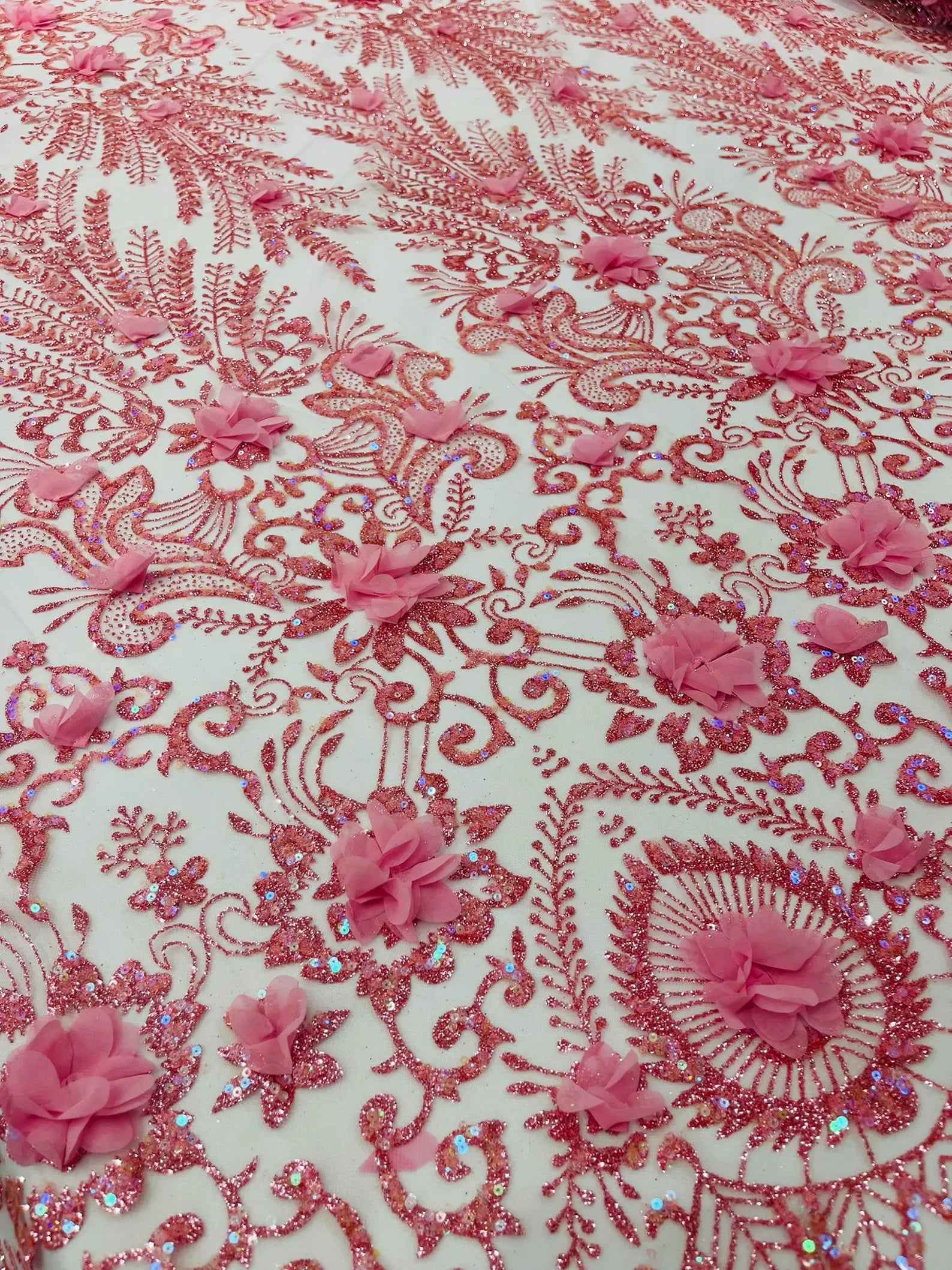 Floral 3D Damask with Glitter Mesh Lace Fabric - Sold By The Yard. Pink