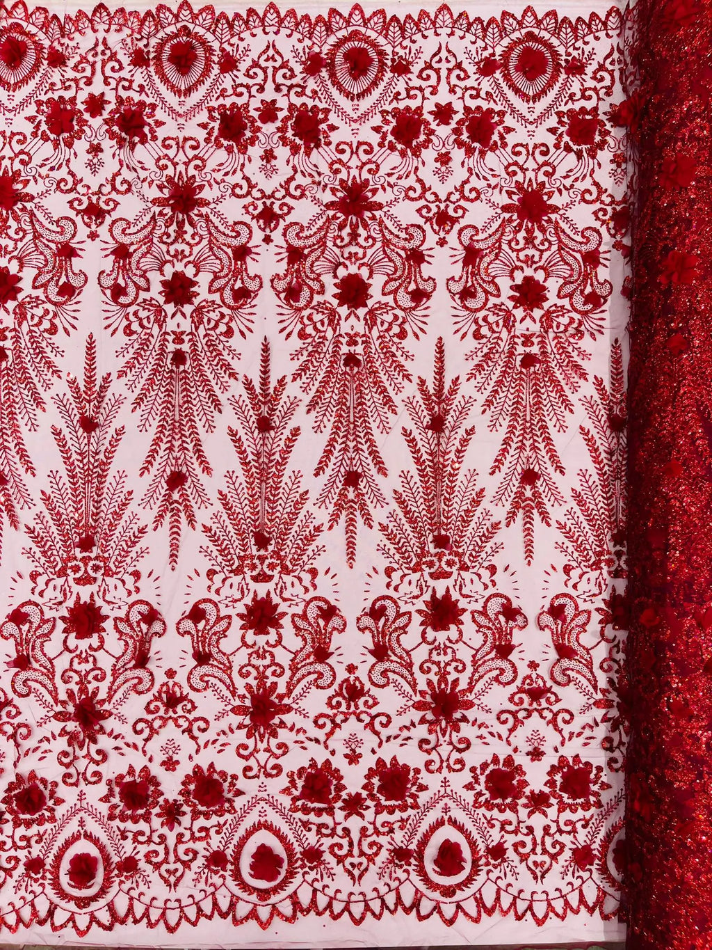 Floral 3D Damask with Glitter Mesh Lace Fabric - Sold By The Yard. Burgundy