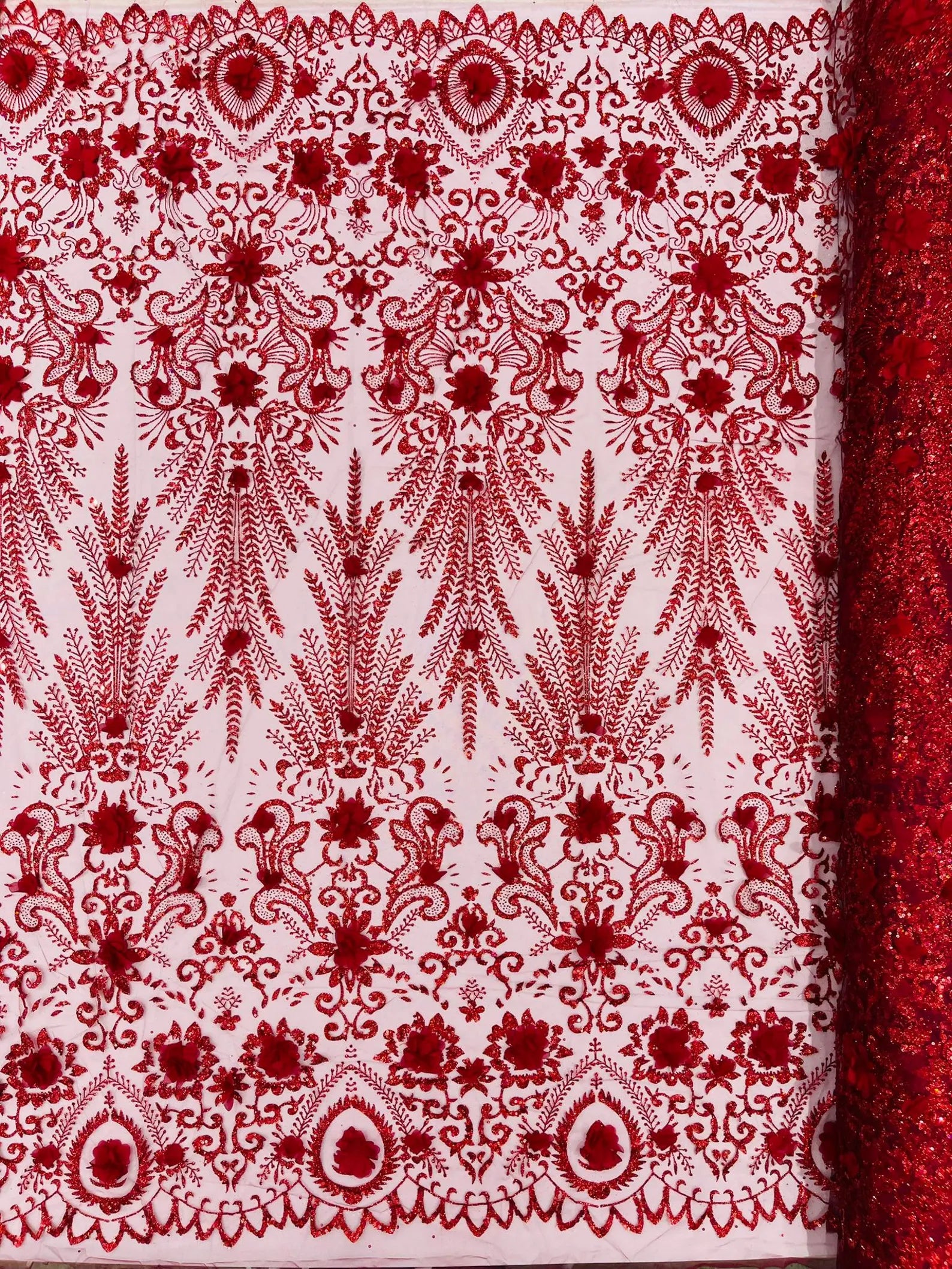 Floral 3D Damask with Glitter Mesh Lace Fabric - Sold By The Yard. Burgundy