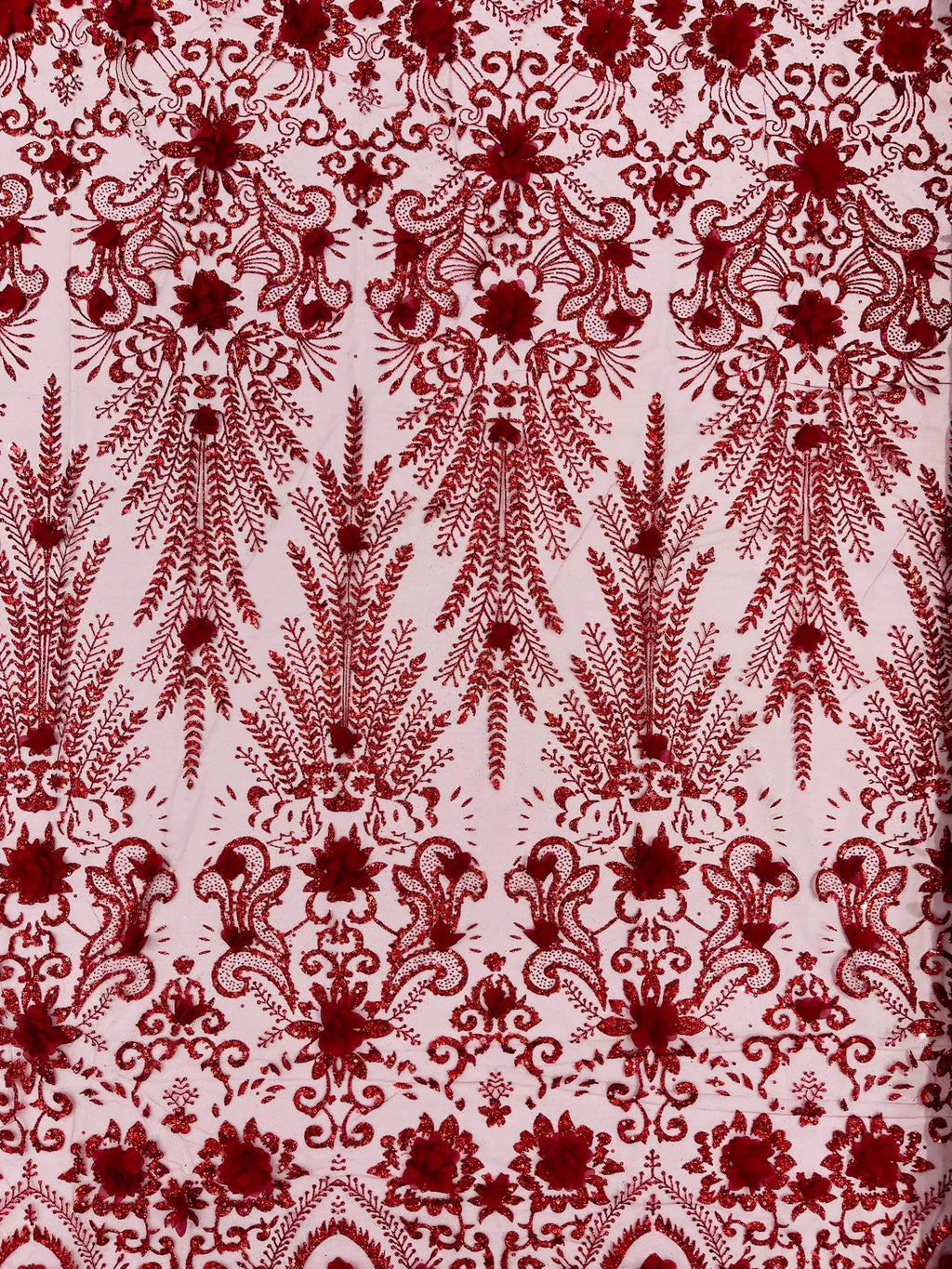 Floral 3D Damask with Glitter Mesh Lace Fabric - Sold By The Yard. Burgundy
