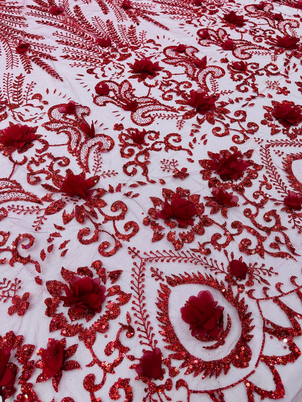 Floral 3D Damask with Glitter Mesh Lace Fabric - Sold By The Yard. Burgundy