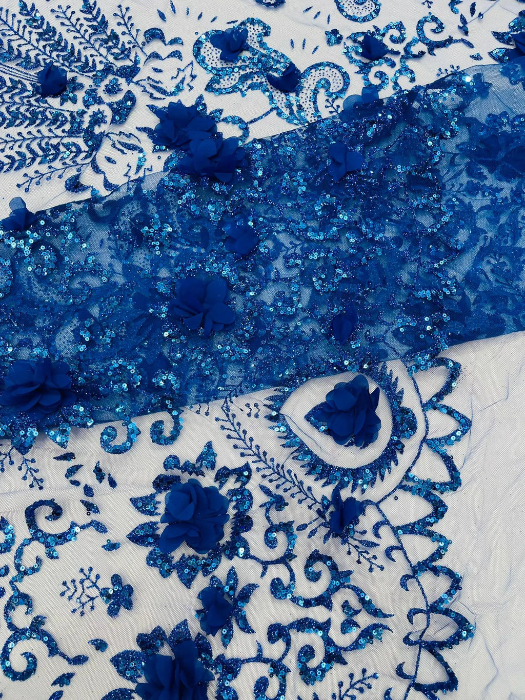 Floral 3D Damask with Glitter Mesh Lace Fabric - Sold By The Yard. Royal Blue