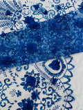 Floral 3D Damask with Glitter Mesh Lace Fabric - Sold By The Yard. Royal Blue
