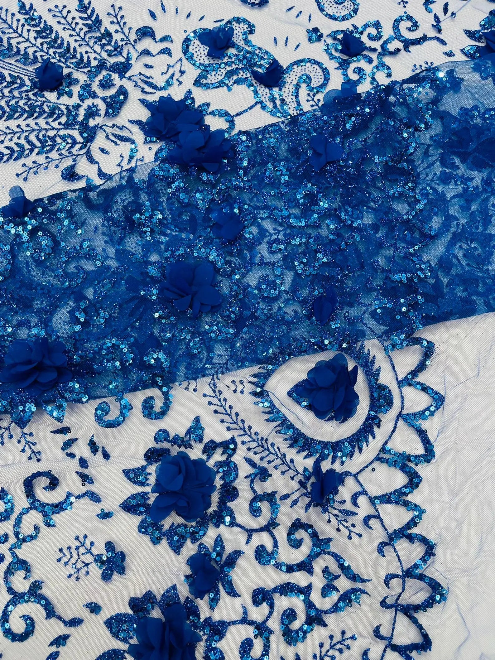 Floral 3D Damask with Glitter Mesh Lace Fabric - Sold By The Yard. Royal Blue