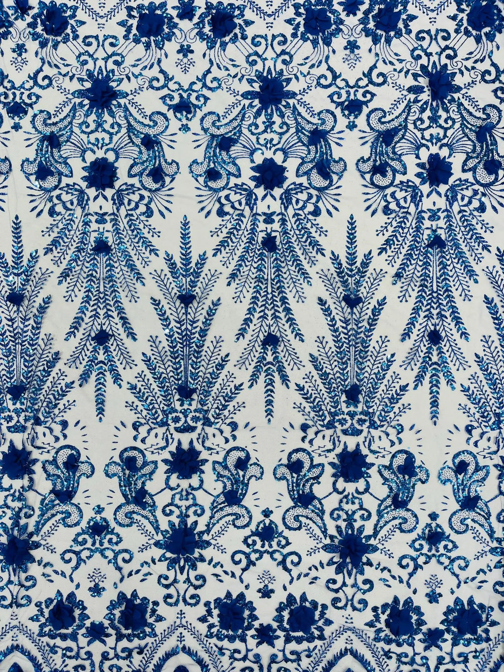 Floral 3D Damask with Glitter Mesh Lace Fabric - Sold By The Yard. Royal Blue
