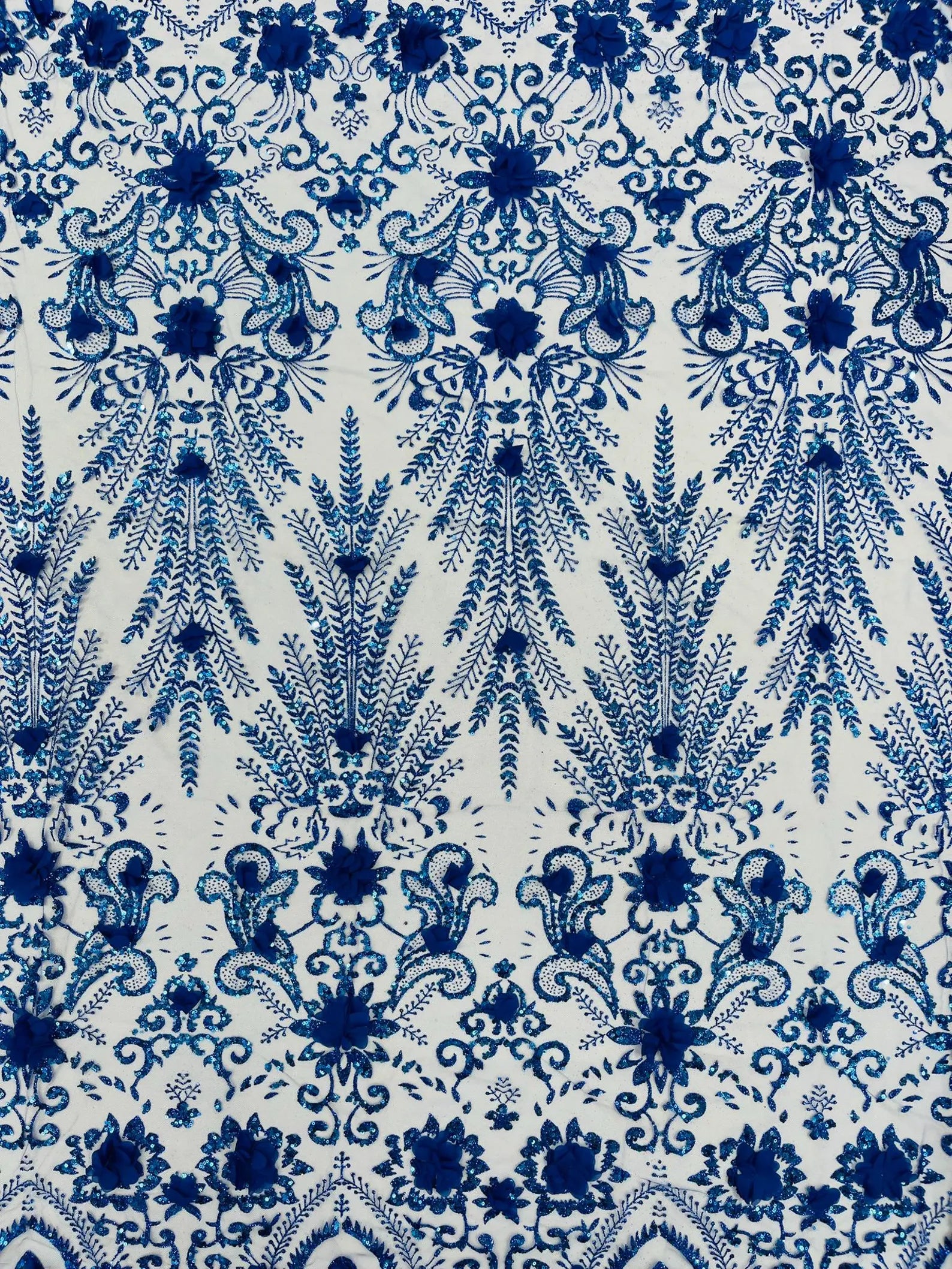 Floral 3D Damask with Glitter Mesh Lace Fabric - Sold By The Yard. Royal Blue