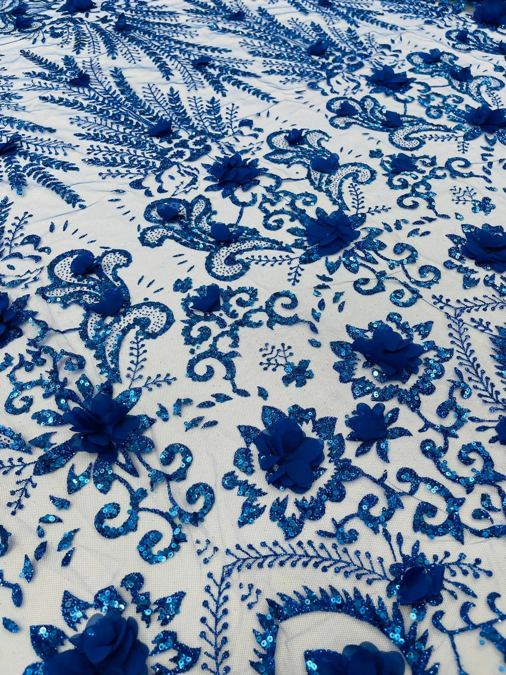 Floral 3D Damask with Glitter Mesh Lace Fabric - Sold By The Yard. Royal Blue