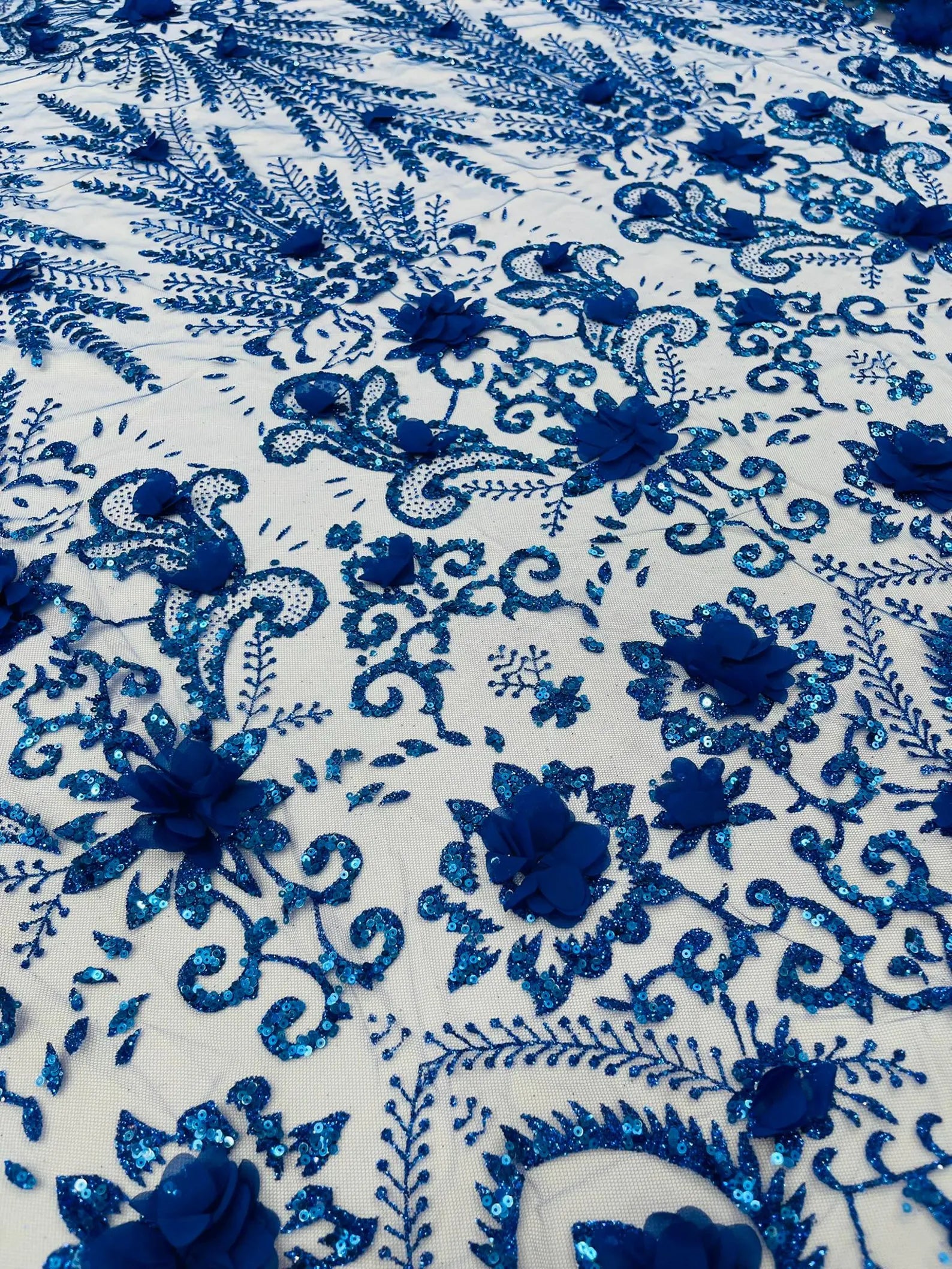 Floral 3D Damask with Glitter Mesh Lace Fabric - Sold By The Yard. Royal Blue
