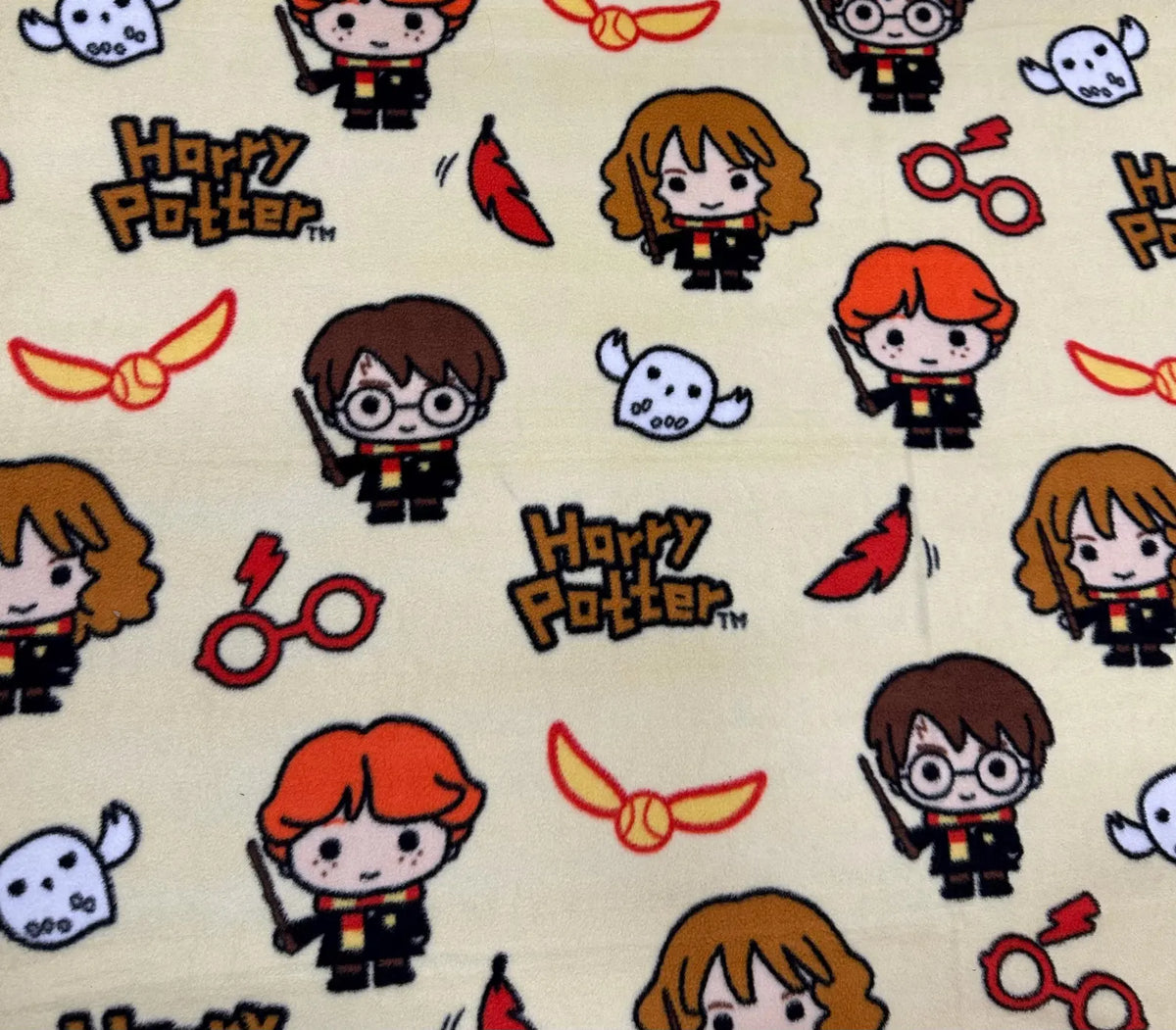 Harry Potter Chibi Characters Fleece Fabric by the Yard – Cute Harry, Ron & Hermione Print on Cream, Kids Blanket and Craft Fabric