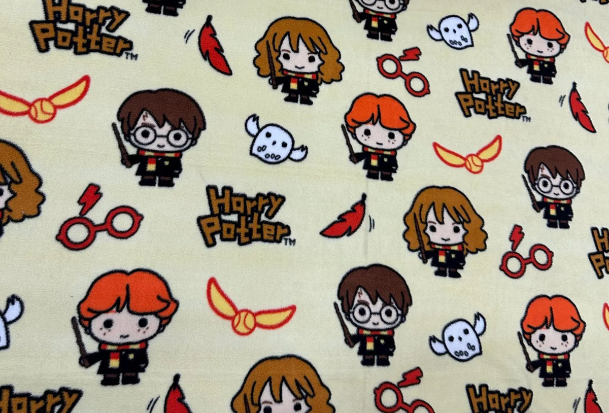 Harry Potter Chibi Characters Fleece Fabric by the Yard – Cute Harry, Ron & Hermione Print on Cream, Kids Blanket and Craft Fabric